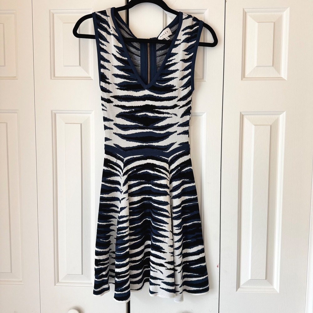 Milly Navy Blue White Zebra‎ Print Fit Flare Knit Dress V-Neck Exposed Zip P